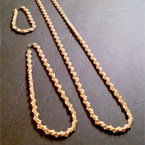 Vintage Faux Pearl Gold Chain Woven Two Necklaces One Bracelet Set Demi Parure